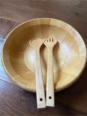 Wood salad serving bowl xl plus wooden serving utensils fork spoon